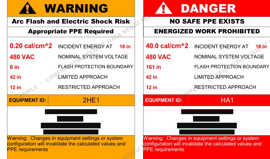 Sample NFPA 70E arc flash WARNING and DANGER labels showing incident energy, PPE category and approach boundaries