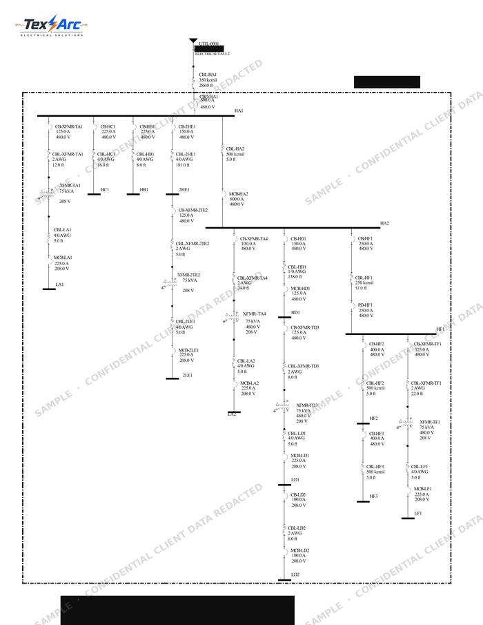 Sample single-line diagram of the electrical distribution system modeled in SKM PowerTools